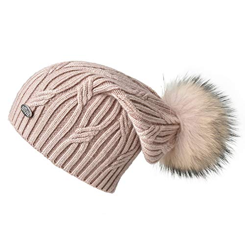 Women's Knitted Angora Wool Hat for Autumn and Winter Warm and Stylish with Rolled Brim and Slanted Rhinestones Cap - color: Logo-pink&pink Fur Pompom