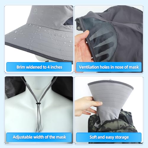 UPF 50+ Sun Hats for Men Women, Wide Brim & Face Neck Flap Fishing Hat, UV Protection Summer Hat for Fishing Hiking Outdoor - color: Light Gray