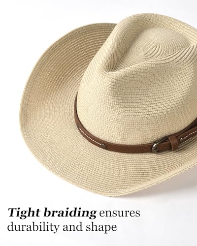 FURTALK Cowboy Sun Hats for Women Men Western Cowgirl Hats with Wind Lanyard Beach Hat - color: Beige, size: Medium-Large