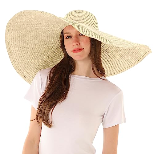 Oversized Beach Straw Sun Hats for Women Large Wide Brim Sun Visor Hat Summer Floppy Foldable Roll Up UV Protection Beach Cap - color: Beige
