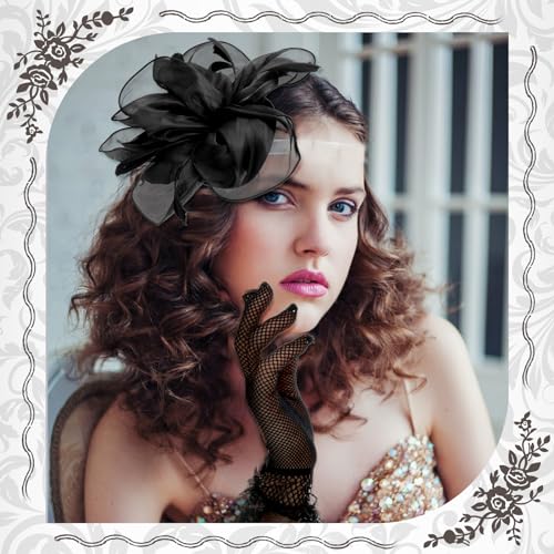 Sibba Tea Party Hat with Lace Gloves 1920s Vintage Fascinator Hats Black
