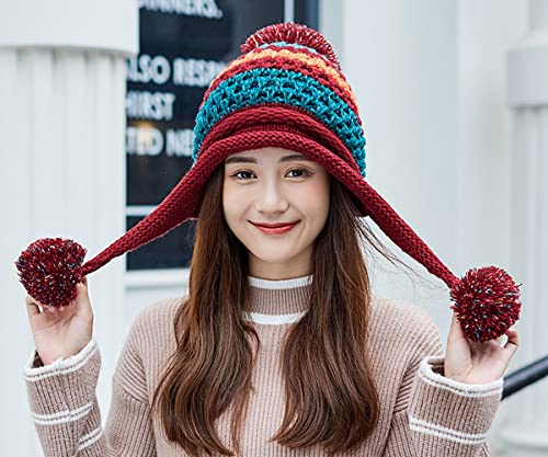 Women Winter Peruvian Cover Ears Beanie With Ear Flaps - Knit Crochet Hat - color: Red Wine