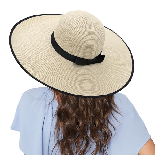 Women Wide Brim Sun Hat UPF50 Straw Summer Hat Floppy Beach Hat Roll-Up - color: Beige
