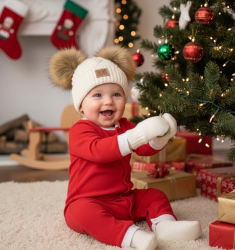 Funky Junque Baby Double Faux Fur Pom Pom Beanie & Mittens Set – Newborn Infant 0–9 Months Winter Hat with Soft Lined Mittens - color: Diagonal Basketweave: White (0-9 Months)