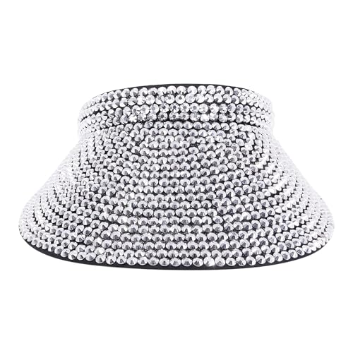 Haoohu Shiny Rhinestones Clip On Sport Sun Visor Hat for Women Men Outdoor Adjustable Wide Brim Summer Cap - color: Silver