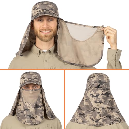 SUN CUBE Fishing Sun Hat with Neck Flap & Face Cover, Wide Brim UPF50+ Cap - color: Camo Grey