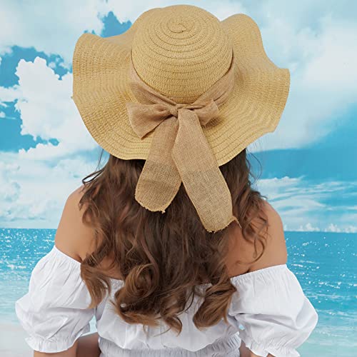 2 PCS Parent-Child Straw Hat Wide Brim Bowknot Cap Beach Sun Hat for Girls Women - color: Wave Pricot