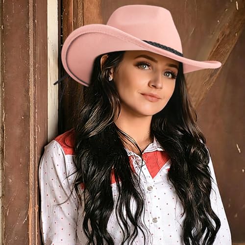DRESHOW Western Cowboy Hat for Men Women Cowboy Cowgirl Hat Outdoor Wide Brim Retro Felt Fedora Hats Unisex Rolled up Caps - color: 1 Pack Style 9: Baby Pink With Braided Band