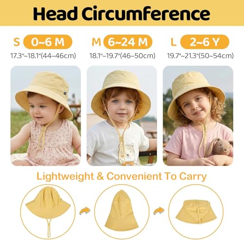 Toddler Bucket Hats UPF 50+ Baby Sun Hat Adjustable Kids Sun Protection Summer Hat Wide Brim Beach Hat for Boys Girls 0-6Y - color: Yellow, size: 0-6 Months