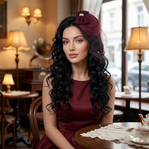 Fascinator Hat for Women Veil Fascinators Tea Party Wedding Retro Pillbox Hats for Cocktail Dresses Accessories - color: Burgundy