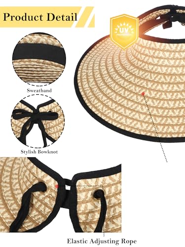 sy soul young Women's Straw Hat with Ponytail Hole Wide Brim Visor Sunhat - color: Black & Beige