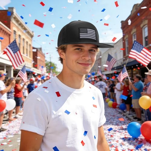 American Flag Baseball Cap, Flat Bill Brim Hat for Men Women, Patriotic Mesh Snapback Hats - color: Black
