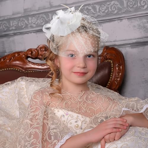Zinniday Rose Mesh Feather Fascinator - White Derby 2026 Fascinators with Hair Clip, Kentucky 1920s 50s Victoria Tea Party Hats for Women Lady Girls Cocktail Ball Cosplay Party Costume Headwear - color: White