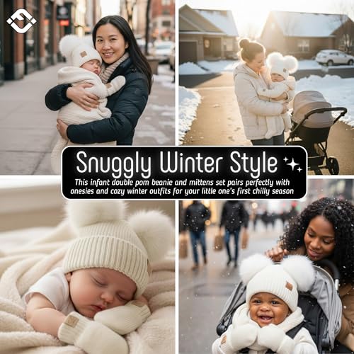 Funky Junque Baby Double Faux Fur Pom Pom Beanie & Mittens Set – Newborn Infant 0–9 Months Winter Hat with Soft Lined Mittens - color: Ear Flap Ivory W/ Ivory Mittens (0-9 Months)