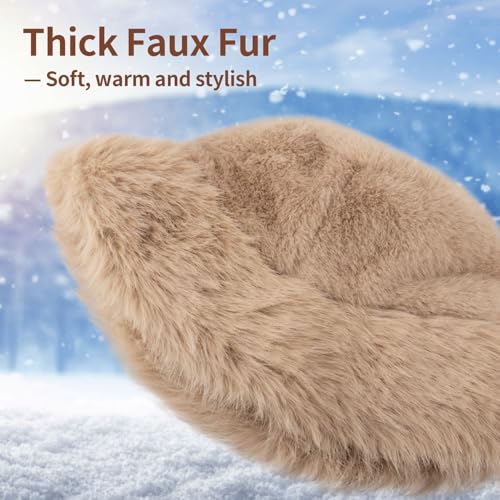 Peicees Winter Bucket Hat for Women Fur Russian Ushanka Ladies Fluffy Snow Hat Fuzzy Fisherman Cap Warm Cute - color: Beige