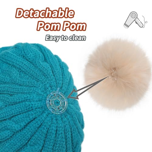 ZLYC Kids Girls Boy Winter Hat Cotton Lined Pom Pom Beanie Earflap Knit Cap - color: Solid Teal Blue