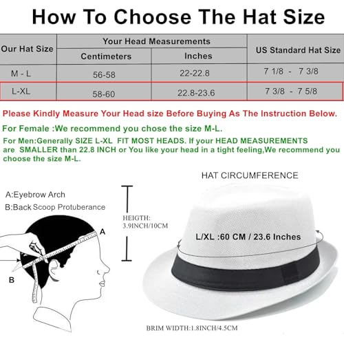 5 Pack Bulk Cuban Fedora Sun Hats Men with Adjustable Strap, Short Brim 1920s Unisex Party Costume Hats Women. - color: White (Size:l-xl)