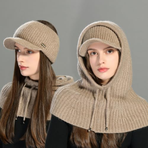 jaxmonoy Winter Knit Balaclava Beanie Hats and Scarf Set for Women - color: Brown