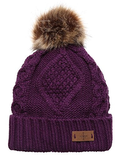 Women's Winter Fleece Lined Cable Knitted Pom Pom Beanie Hat - color: Purple