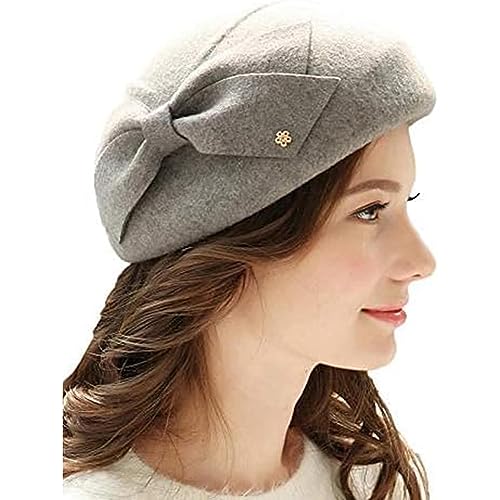 Women Vintage Bowknot Berets with Beading Autumn Winter French Artist Hat Painter Hats Female Bowler Hat Warm Cap - color: Gray