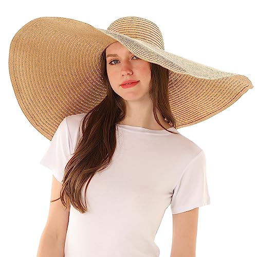 Oversized Beach Straw Sun Hats for Women Large Wide Brim Sun Visor Hat Summer Floppy Foldable Roll Up UV Protection Beach Cap - color: Khaki