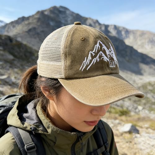 Mountain Embroidery Trucker Hat, Breathable Mesh Baseball Cap, Adjustable Snapback for Hiking, Camping, Travel - color: Khaki