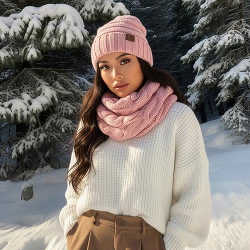 Funky Junque Slouchy Beanie & Infinity Scarf Gift Set – Matching Winter Accessories Sets for Women, Oversized Hat and Scarves - color: Indi Pink