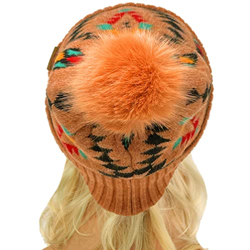 C.C Fur Pom Winter Fall Trendy Chunky Stretchy Cable Knit Beanie Hat - color: Aztec Desert Sand