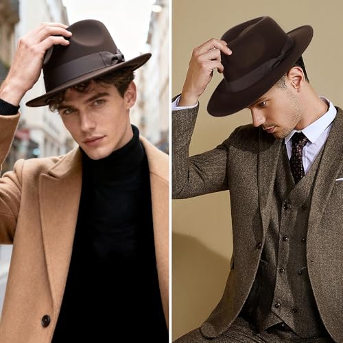BABEYOND 1920s Fedora Hat for Men Gatsby Wide Brim Hat Felt Panama Cap - color: Coffee
