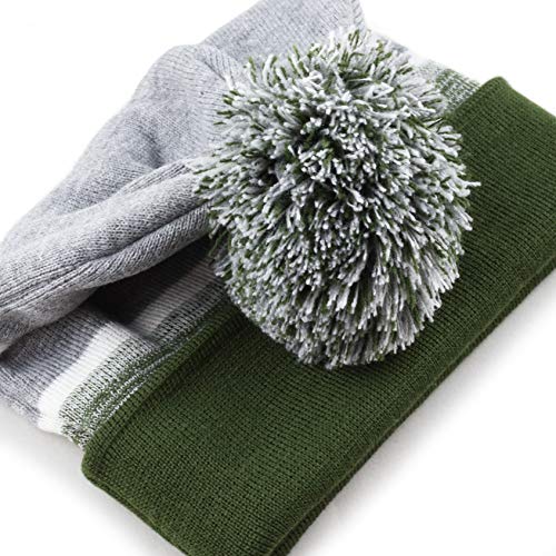 Winter Knit Beanie Hat with Pom Pom – Warm Cuffed Slouch Ski Cap for Men & Women - color: 1.olive and Grey With Pom