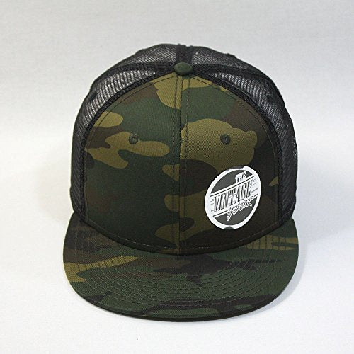 Plain Cotton Twill Flat Brim Mesh Adjustable Snapback Trucker Baseball Cap - color: Camo/Camo/Black