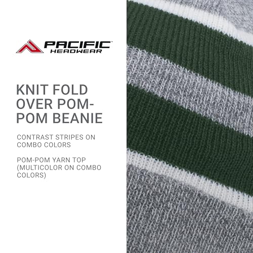 Pacific Headwear Unisex Adult Pacific Headwear Knit Fold Over Pom-pom Beanie - color: Heather/Dark Green/White, size: One Size