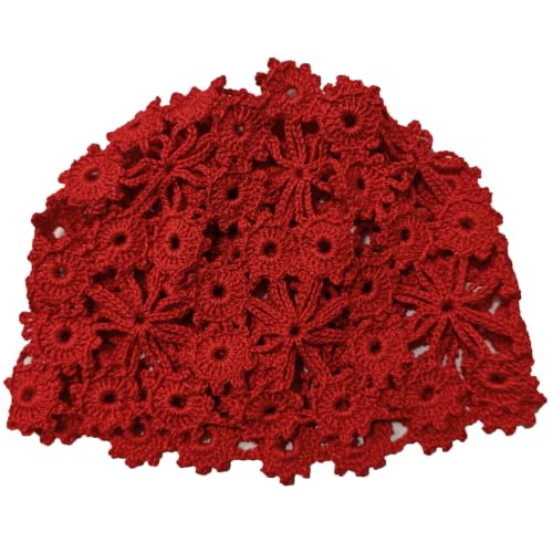 Women Lace Crochet Beanie Hat Handmade Knitted Cutout Floral Skull Cap - color: Red