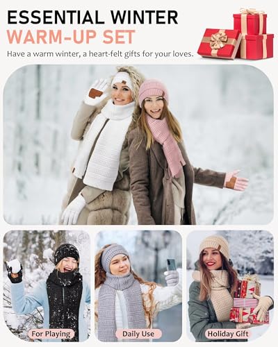 Womens Winter Beanie Hat Scarf Gloves Headband Set, Slouchy Beanie Ear Warmer Knit Scarf Touchscreen Gloves Warm 4 Gift Set - color: Dark Orange