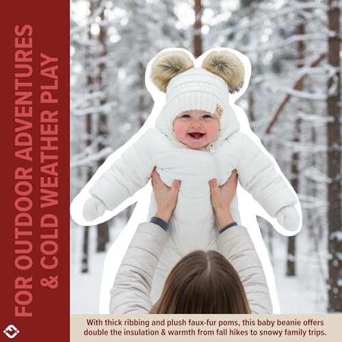 Funky Junque Double Pom Pom Baby Beanie – Newborn Girl Winter Hat 0–12 Months, Cute Cozy Knit Infant Beanies for Cold Weather - color: Ivory - Faux Fur Pom (2 Pom)
