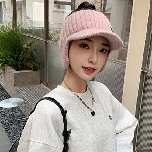 Open Beanie with Earflaps Visor Brim Bun Ponytail Winter Golf Tennis Hats Women - color: Pink