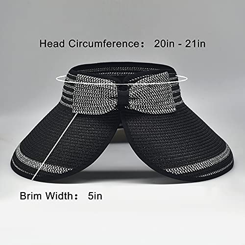 Women Sun Visors Foldable Straw Hats Summer Beach Packable Hat Floppy Wide Brim Cap Deep Style, Adjustable Size - color: Black 2