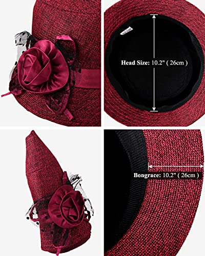 1920s Gatsby Church Cloche Derby Hats for Women Ladies Bow Bucket Wedding Bowler Hats Tea Party - color: Red