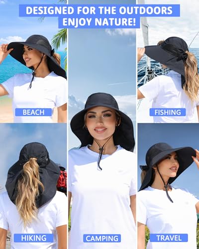 Womens Sun Hat Outdoor UV Protection Wide Brim Fishing Hat with Ponytail Hole Neck Flap for Beach Hiking Camping - color: Sun Hat-black