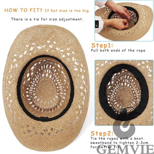 GEMVIE Men & Women's Summer Cowboy Cowgirl Straw Hat Hollow Out Style Roll Up Brim Cowboy Sun Hat - color: Coffee