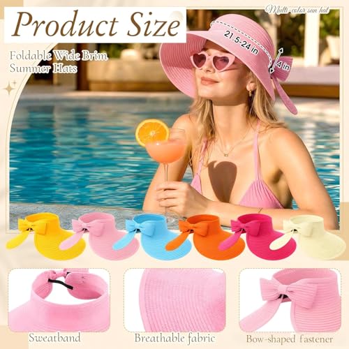 12 pcs Sun Hats and Heart Sunglasses Sets Wide Brim Beach Hat Summer UV Packable Foldable Visors for Women, Girls - color: Bright Color