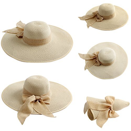 Lanzom Womens 5.7 Inches Big Bowknot Straw Hat Large Floppy Foldable Roll up Beach Cap Sun Hat UPF 50+ - color: Beige