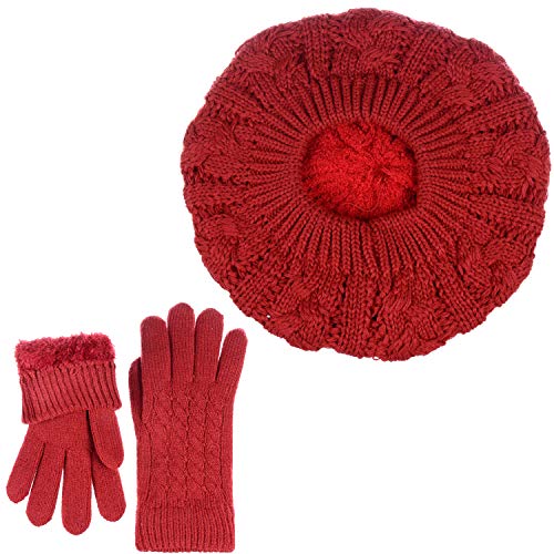 BYOS Womens Winter Cozy Cable Fleece Lined Knit Beret Beanie Hat (Set Available) - color: Red Cable Hat Gloves Set