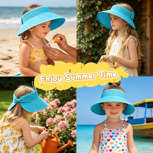 Girls Sun Visor Hat with Ponytail Hole Wide Brim Beach Straw Visor UPF 50+ - color: 1pack-sea Blue