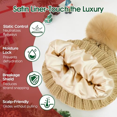 Donfri Women's Satin Lined Knit Beanie with Pompom Oatmeal - color: Khaki