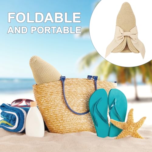 DRESHOW Sun Hats for Women Travel Fedora Foldable Beach Sun Hat Summer Wide Brim Straw Bucket Hat with Bowknot UPF 50+ - color: 1 Pack Bowknot Straw Hat: Beige With Beige Band