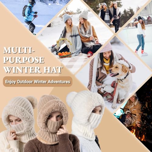Women’s Knitted Beanie Hat with Face Cover - 3 in 1 Winter Balaclava with Mask Scarf Ear Muffs Pompom Fleece Lined Snow Caps - color: Grey-a