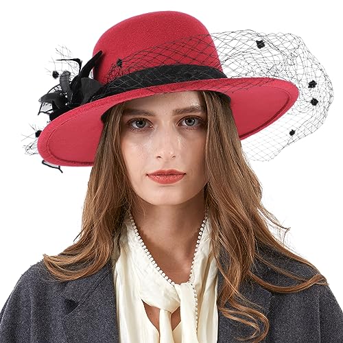 Ladies Wool Felt Bucket Hat Women Vintage Cloche Fedora Winter Church Bowler Hat with Bow - color: A-red