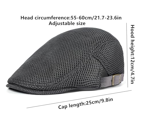 DIYDECAL Mens Breathable Mesh Summer Hat Adjustable Newsboy Beret Ivy Cap Cabbie Flat Cap - color: Dark Grey