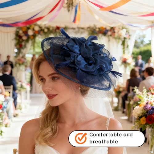 Women's Transparent Hard Yarn Church Bridal Tea Party Wedding Cocktail Party Feather Tea Party Hat - One Size - color: Navy Blue